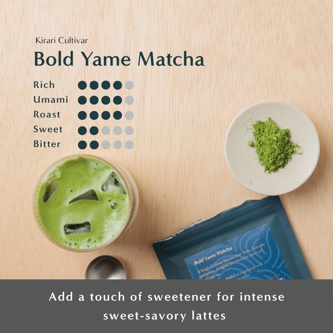 Yame Single-Cultivar Matcha Set displayed on a light wood surface with an iced matcha latte, a bowl of matcha powder, and blue packaging.