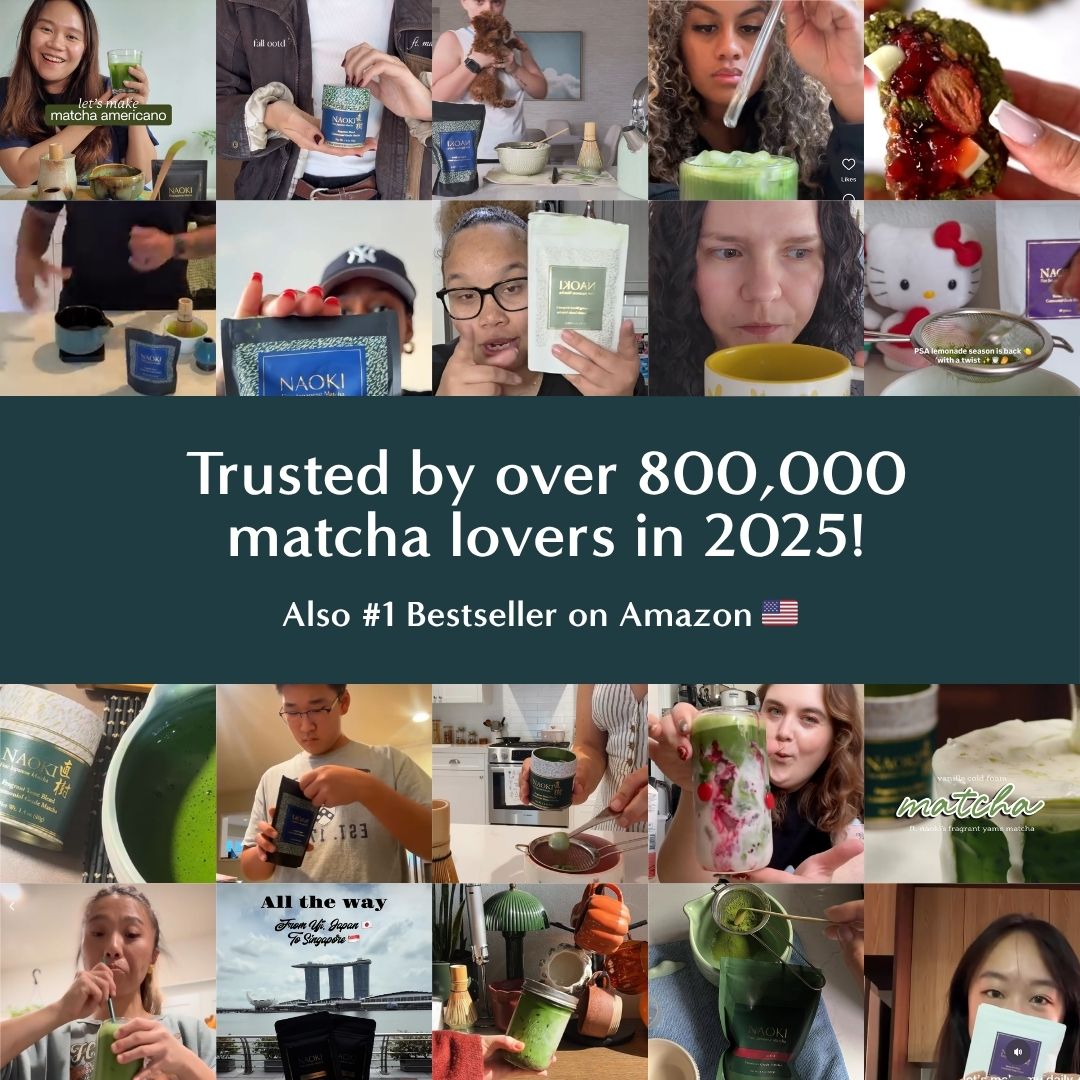 Collage of diverse people enjoying matcha drinks with a dark teal banner across the collage.