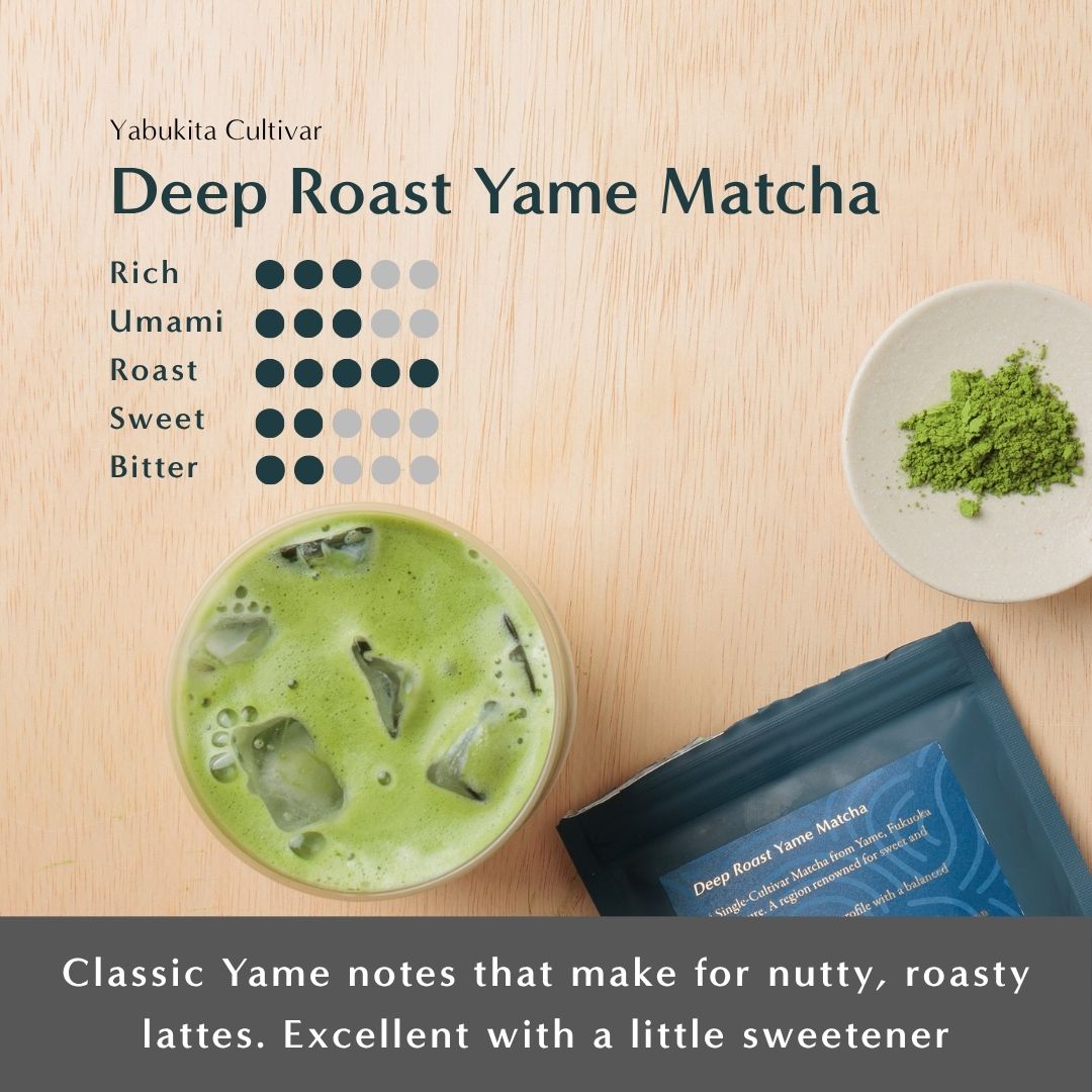 Flat lay of Yame Single-Cultivar Deep Roast Matcha set with four 0.7 oz pouches, a glass of iced matcha latte, a plate of matcha powder, and blue packaging on a wood background