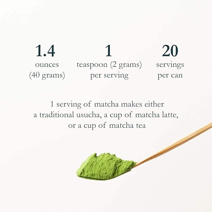 Infographic showing Barista Pro Blend Matcha serving sizes with 1.4 ounces (40 grams), 1 teaspoon per serving, and 20 servings per can, plus a scoop of powder.